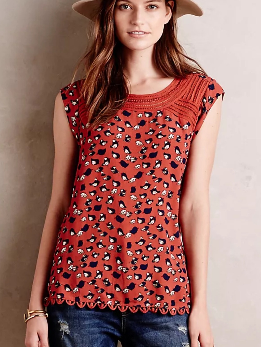 Meadow Rue by Anthropologie 'Sanna' bird print blouse red rayon crepe lace Small